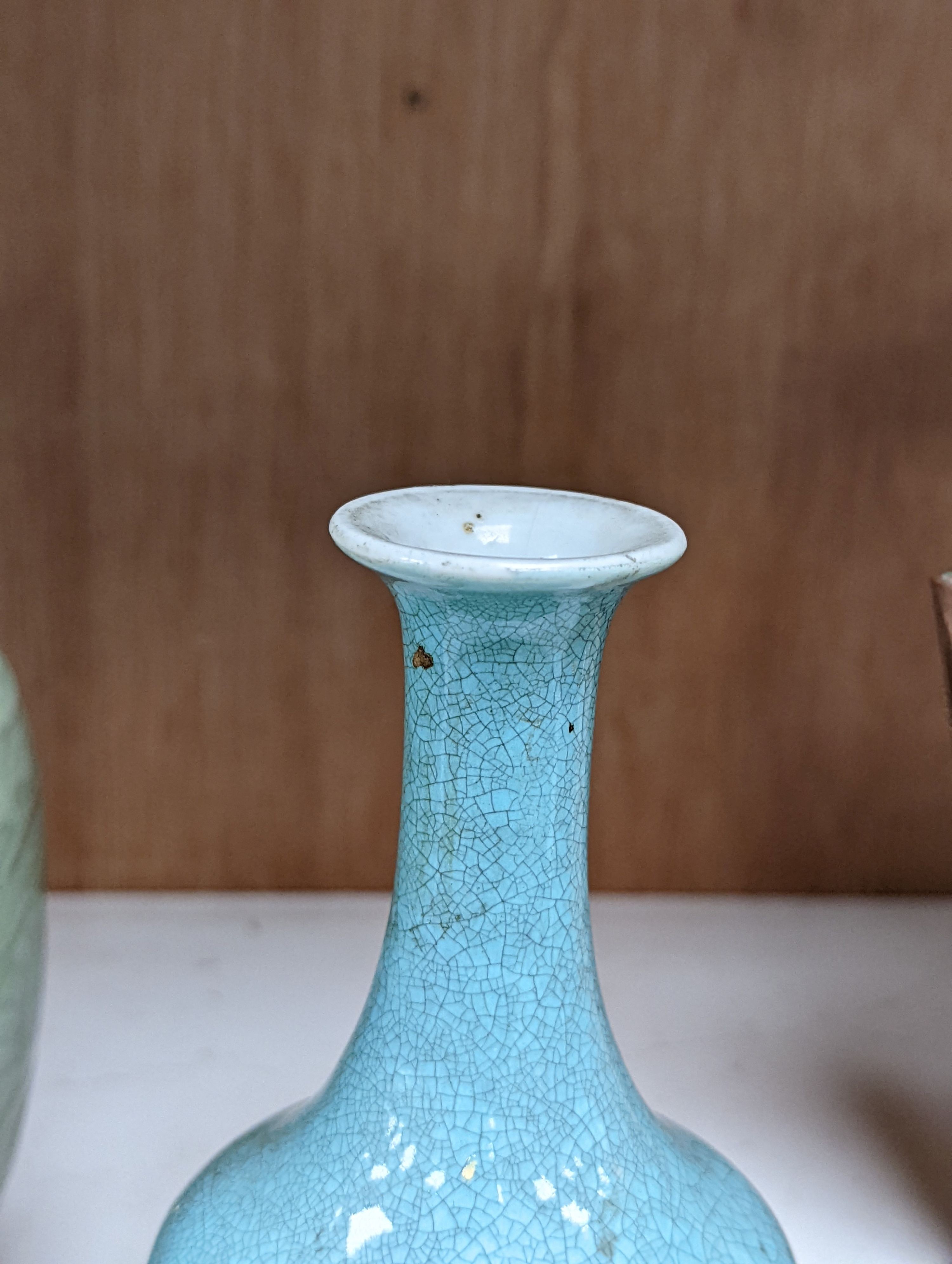 Three 19th Chinese monochrome glazed vases, with sang de boeuf, celadon and turquoise crackle glaze, tallest 21 cm